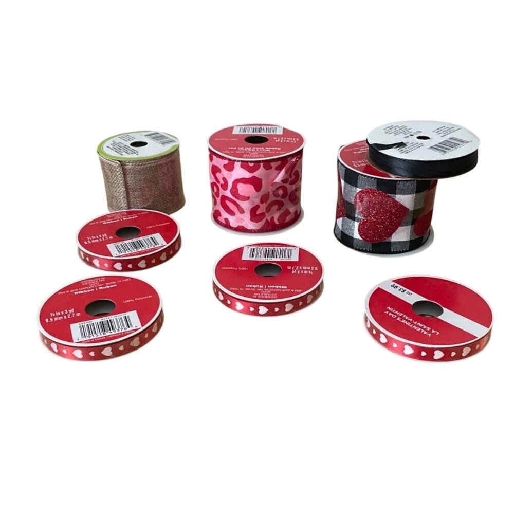 Valentines Day Ribbon Lot Assorted Design Szs Heart Buffalo Plaid Glitter Wreath